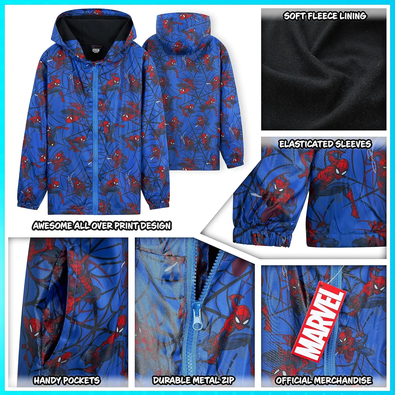 Marvel Boys Waterproof Jacket Avengers Spiderman Hooded Jacket Fleece Lining Raincoat for Boys Teenagers 4-14 Years