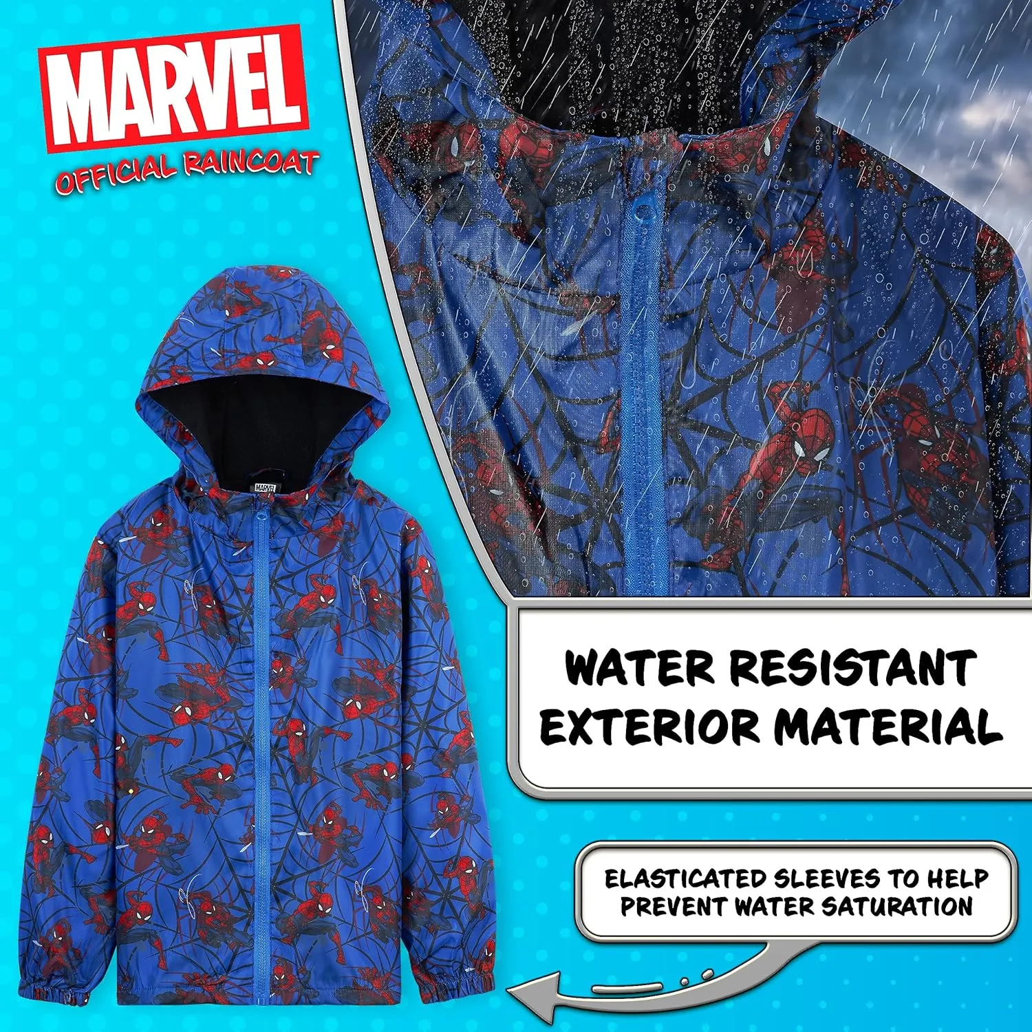 Marvel Boys Waterproof Jacket Avengers Spiderman Hooded Jacket Fleece Lining Raincoat for Boys Teenagers 4-14 Years