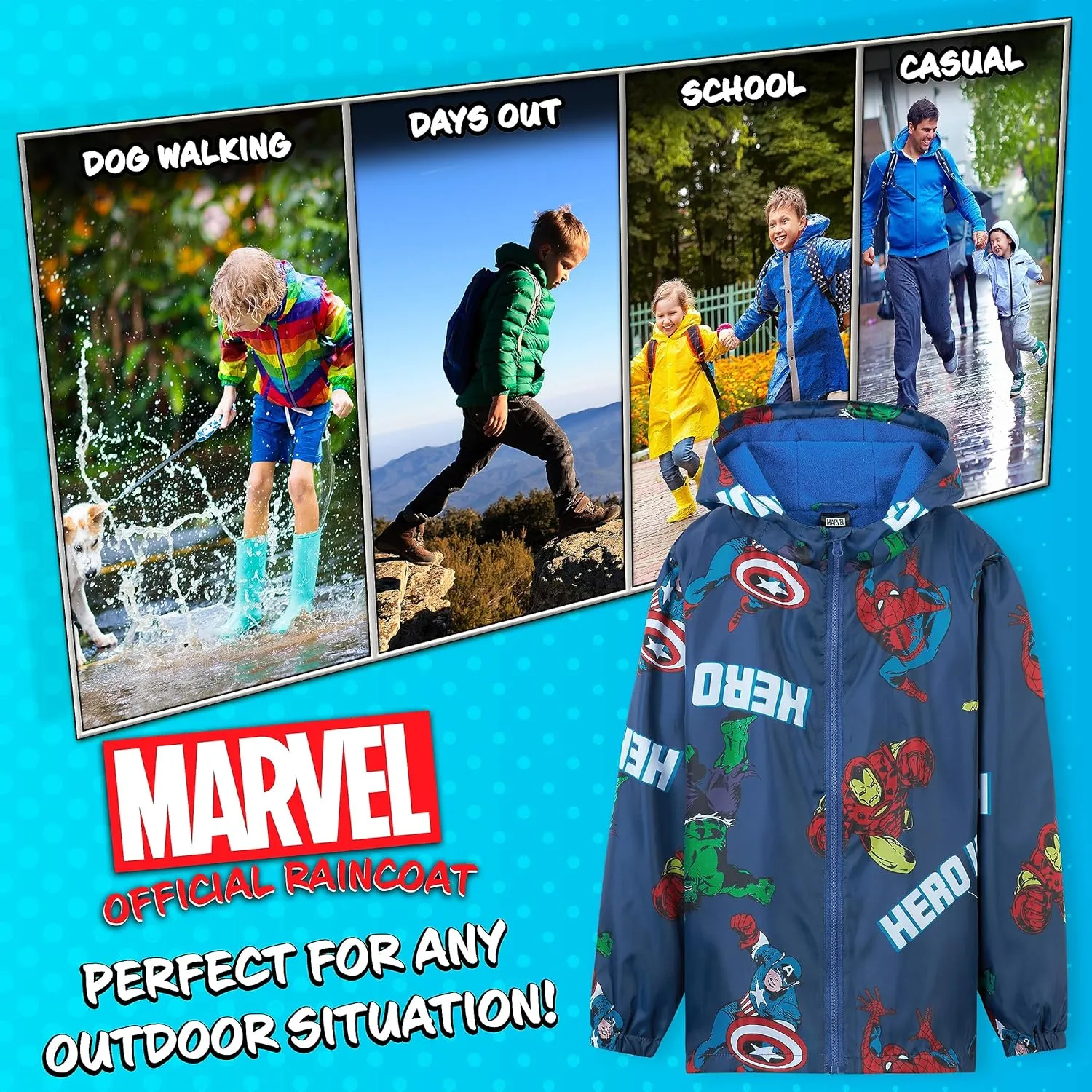 Marvel Boys Waterproof Jacket Avengers Spiderman Hooded Jacket Fleece Lining Raincoat for Boys Teenagers 4-14 Years