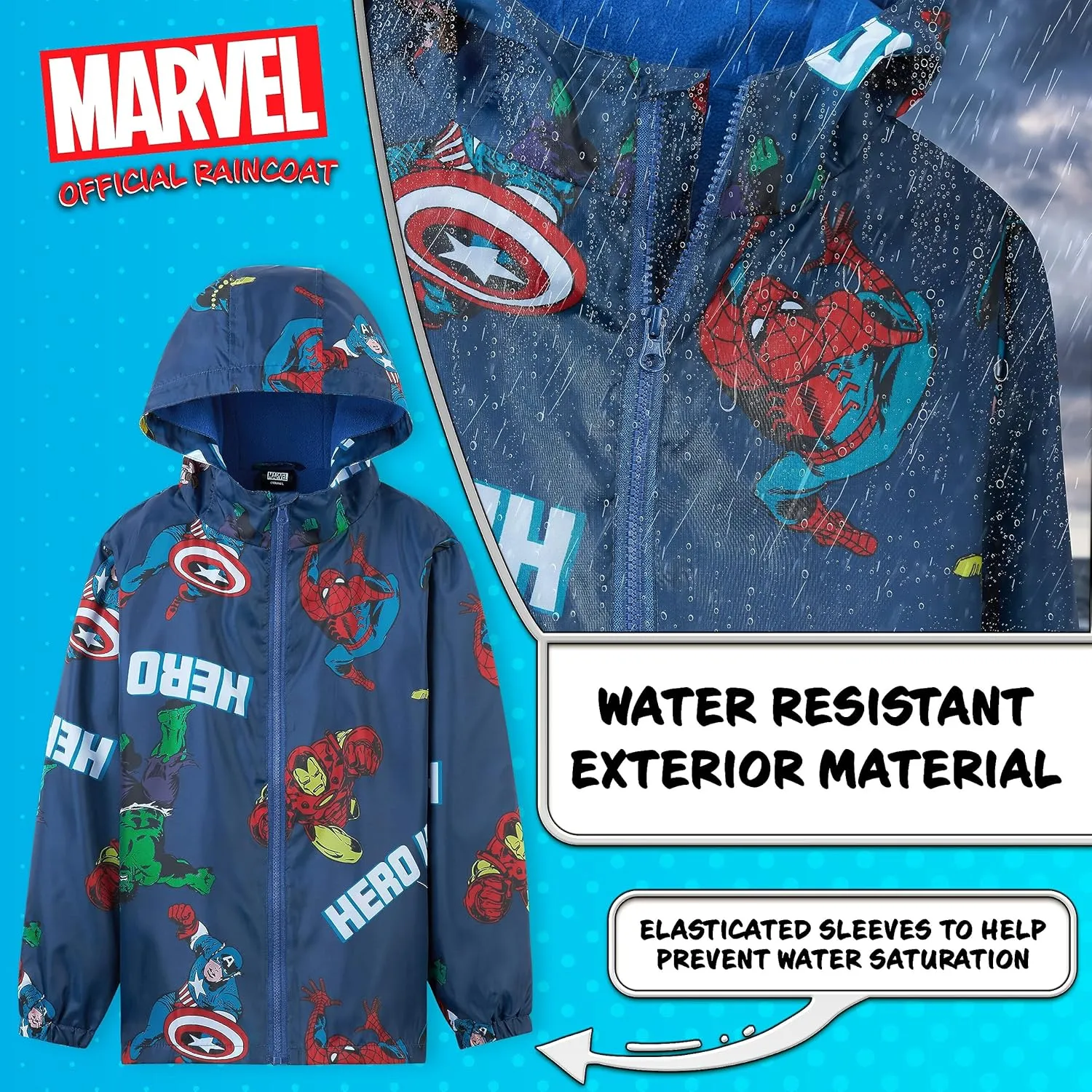 Marvel Boys Waterproof Jacket Avengers Spiderman Hooded Jacket Fleece Lining Raincoat for Boys Teenagers 4-14 Years