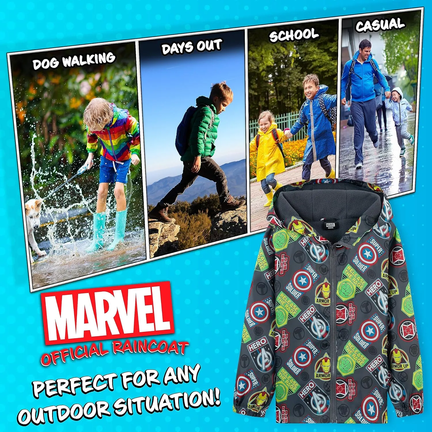 Marvel Boys Waterproof Jacket Avengers Spiderman Hooded Jacket Fleece Lining Raincoat for Boys Teenagers 4-14 Years