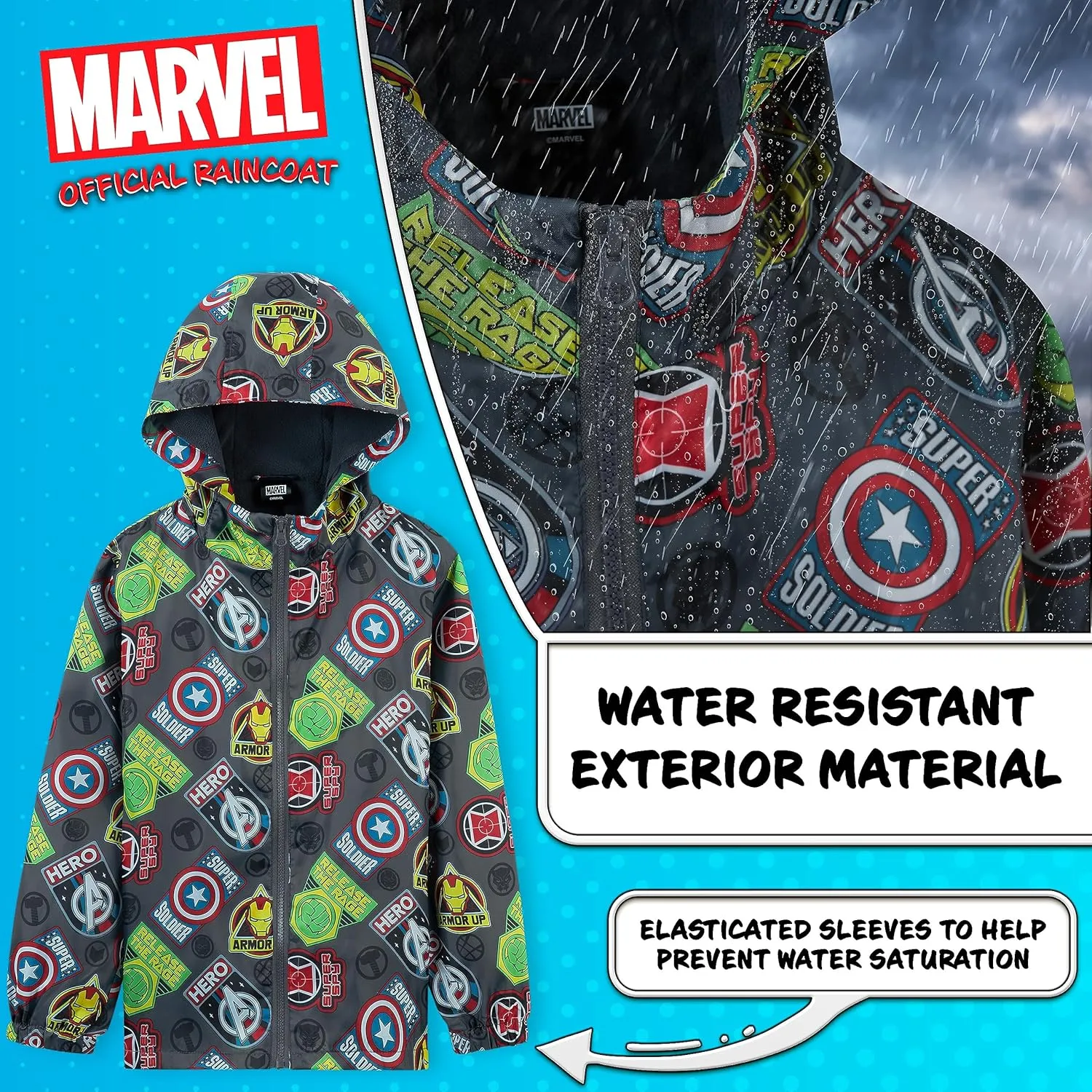 Marvel Boys Waterproof Jacket Avengers Spiderman Hooded Jacket Fleece Lining Raincoat for Boys Teenagers 4-14 Years