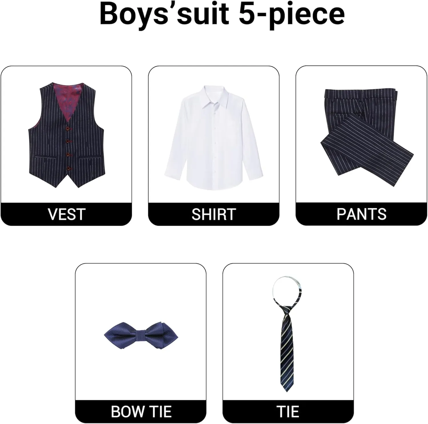 Marvelous World Boys' 5-Piece Formal Vest Suit Set, Vest, Pants, Dress Shirt, Tie and Bowtie