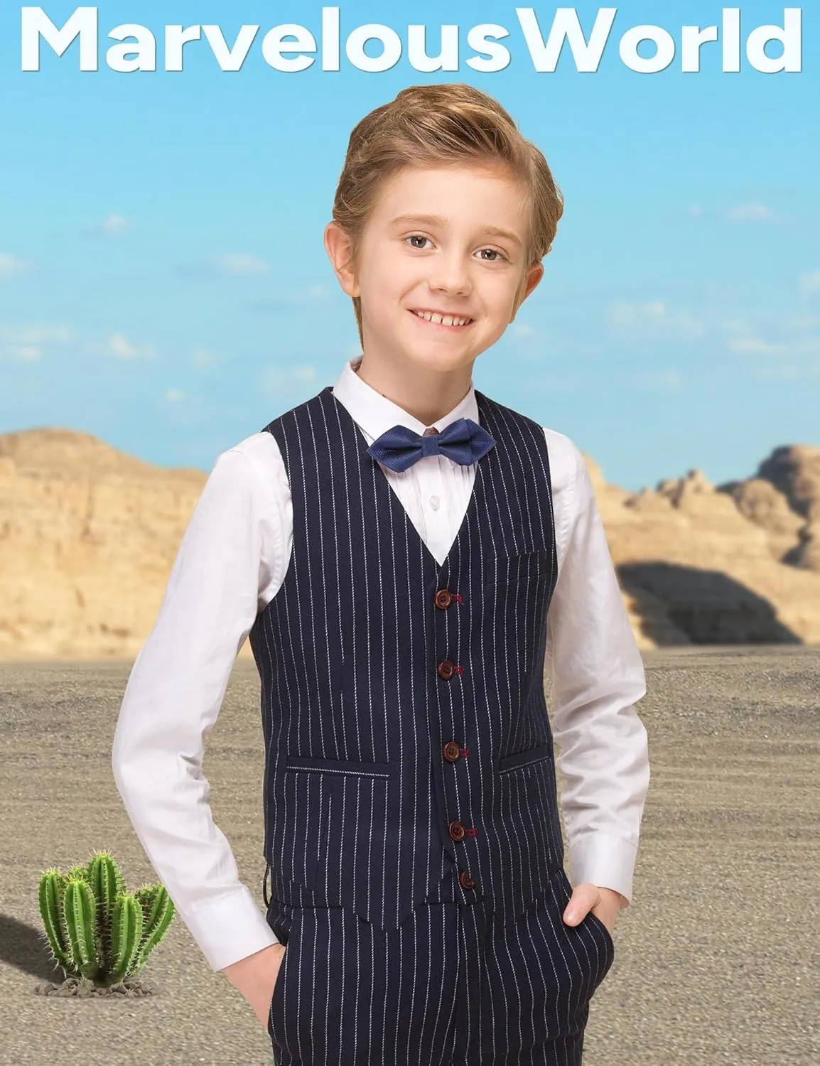 Marvelous World Boys' 5-Piece Formal Vest Suit Set, Vest, Pants, Dress Shirt, Tie and Bowtie