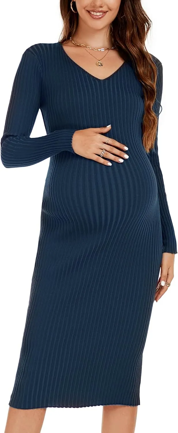 Maternity Dress Long Sleeve V Neck Knit Stretchable Sweater Dresses Pregnancy Clothes for Photoshoot Baby Shower