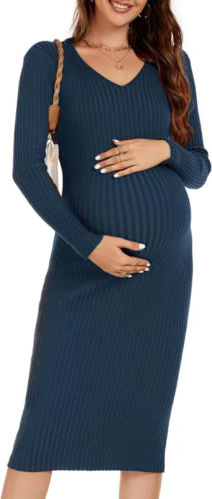 Maternity Dress Long Sleeve V Neck Knit Stretchable Sweater Dresses Pregnancy Clothes for Photoshoot Baby Shower