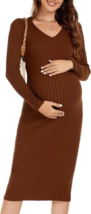Maternity Dress Long Sleeve V Neck Knit Stretchable Sweater Dresses Pregnancy Clothes for Photoshoot Baby Shower