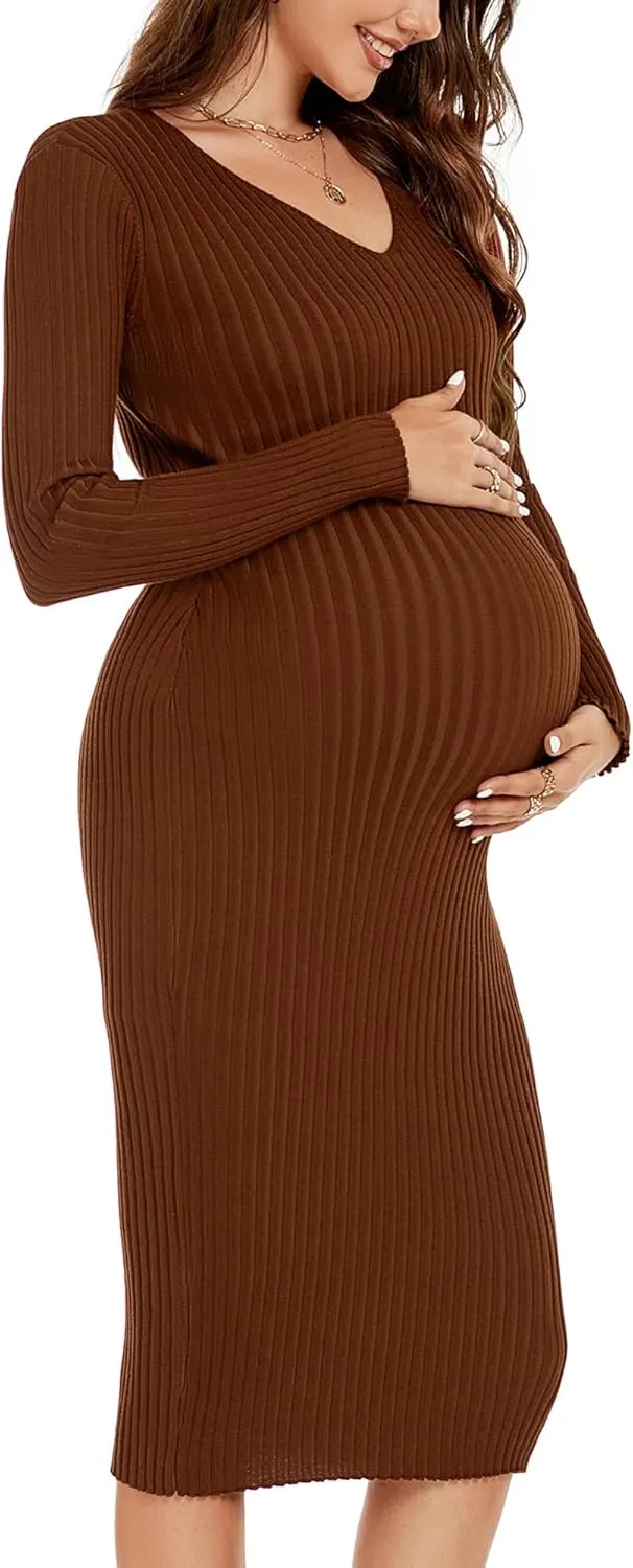 Maternity Dress Long Sleeve V Neck Knit Stretchable Sweater Dresses Pregnancy Clothes for Photoshoot Baby Shower