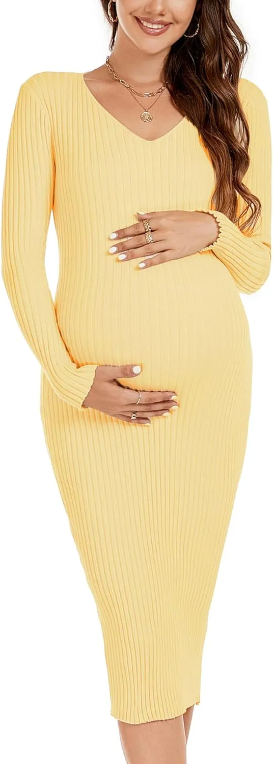 Maternity Dress Long Sleeve V Neck Knit Stretchable Sweater Dresses Pregnancy Clothes for Photoshoot Baby Shower