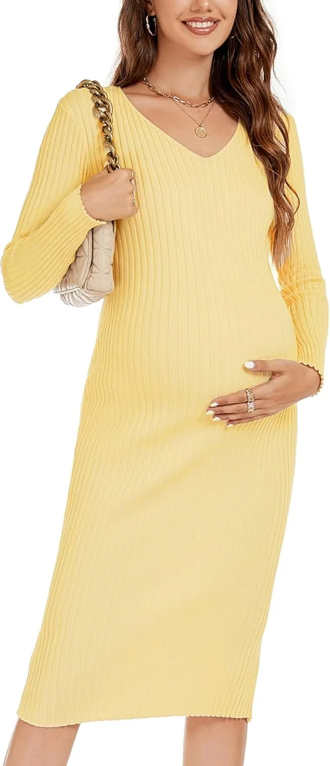 Maternity Dress Long Sleeve V Neck Knit Stretchable Sweater Dresses Pregnancy Clothes for Photoshoot Baby Shower