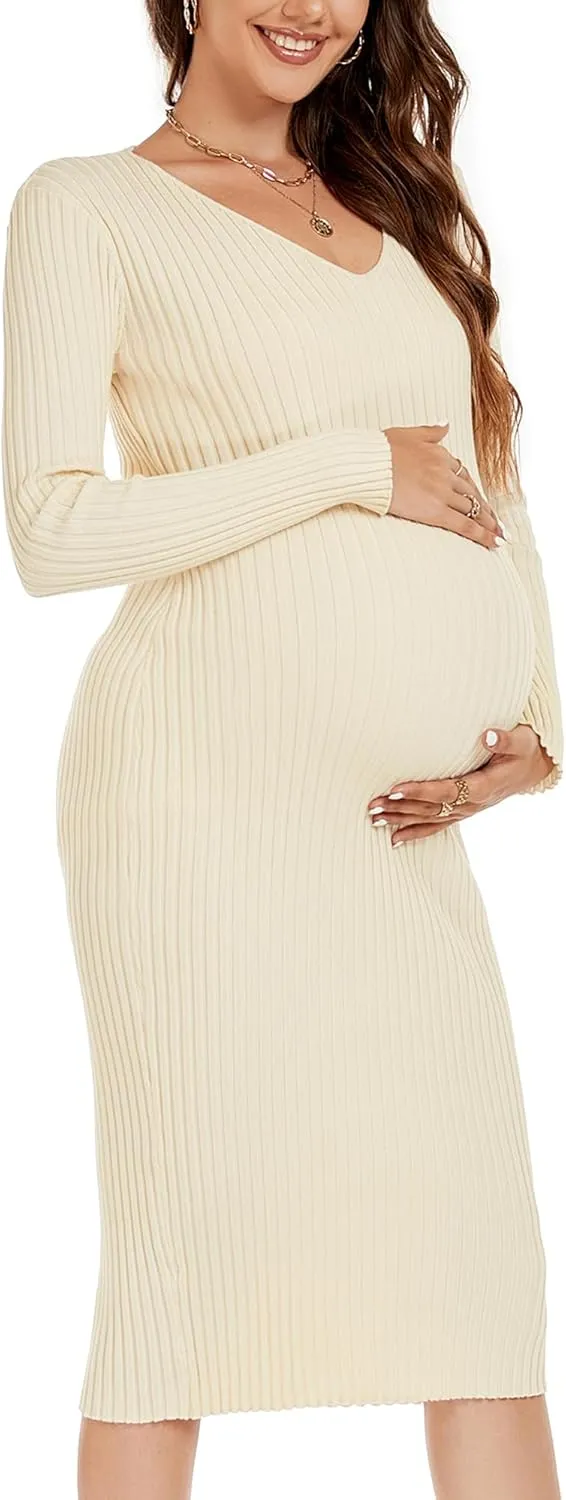 Maternity Dress Long Sleeve V Neck Knit Stretchable Sweater Dresses Pregnancy Clothes for Photoshoot Baby Shower