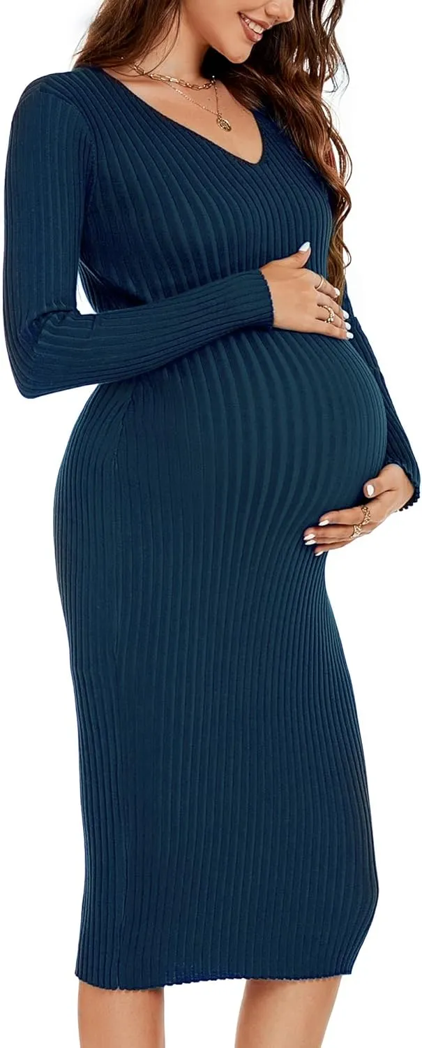 Maternity Dress Long Sleeve V Neck Knit Stretchable Sweater Dresses Pregnancy Clothes for Photoshoot Baby Shower