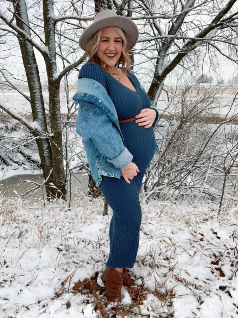 Maternity Dress Long Sleeve V Neck Knit Stretchable Sweater Dresses Pregnancy Clothes for Photoshoot Baby Shower