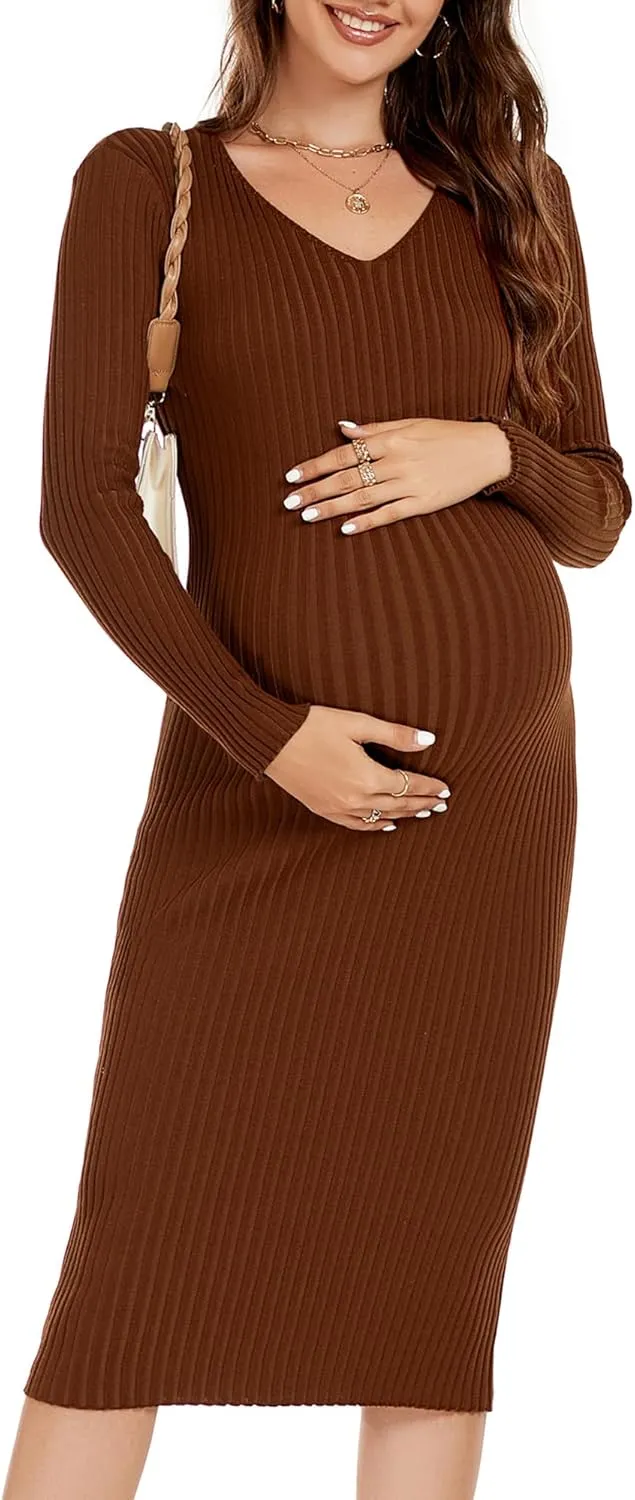 Maternity Dress Long Sleeve V Neck Knit Stretchable Sweater Dresses Pregnancy Clothes for Photoshoot Baby Shower
