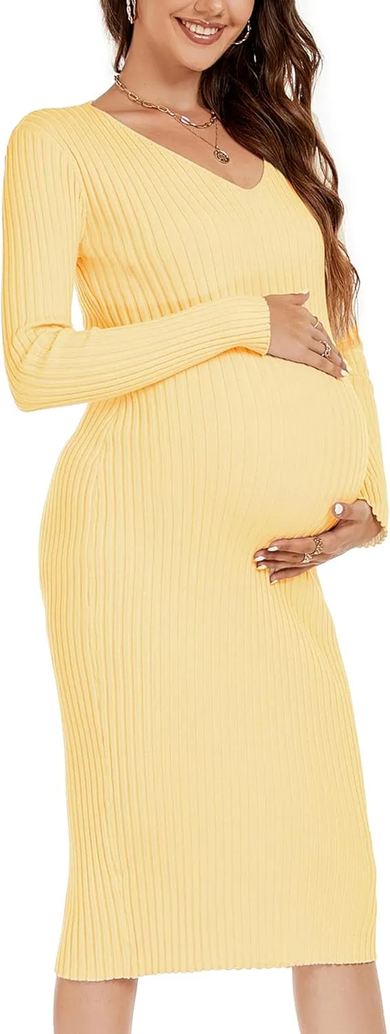 Maternity Dress Long Sleeve V Neck Knit Stretchable Sweater Dresses Pregnancy Clothes for Photoshoot Baby Shower