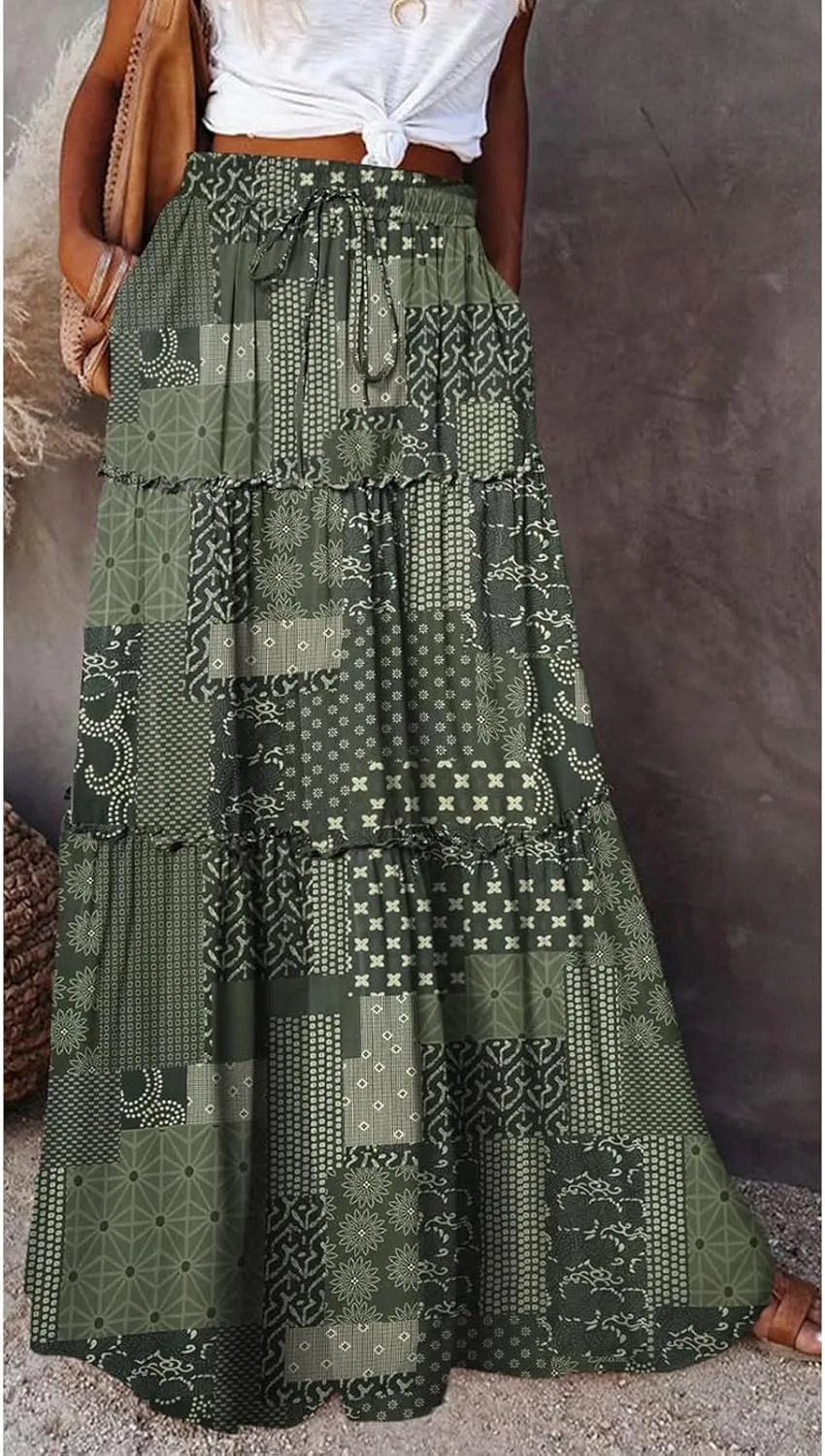 Maxi Boho Skirts for Women 2025 Drawstring High Waisted Tiered Flowy Long Skirt Casual Bohemian A-Line Beach Skirt