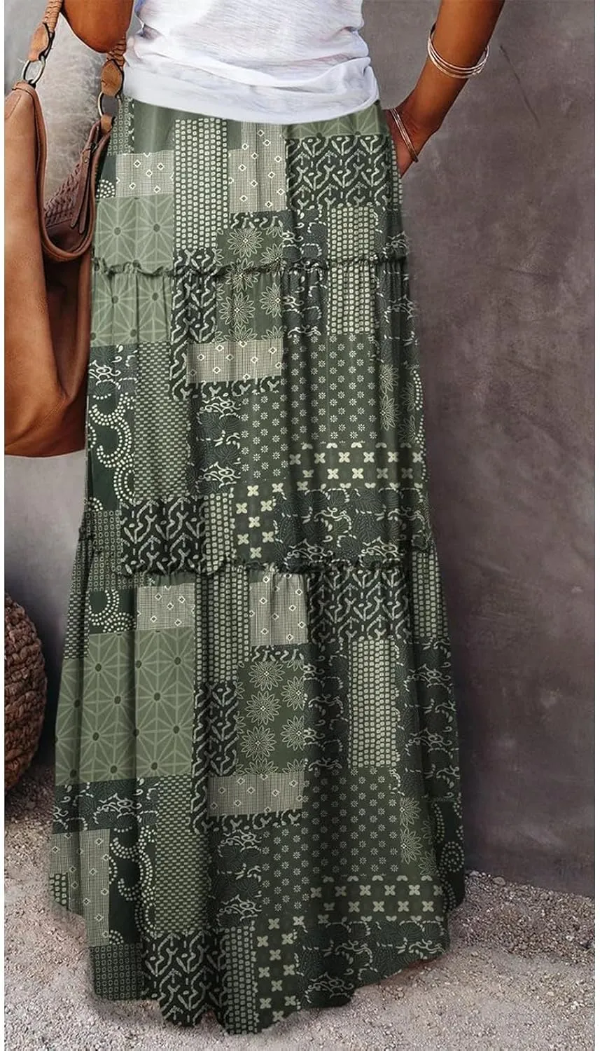 Maxi Boho Skirts for Women 2025 Drawstring High Waisted Tiered Flowy Long Skirt Casual Bohemian A-Line Beach Skirt