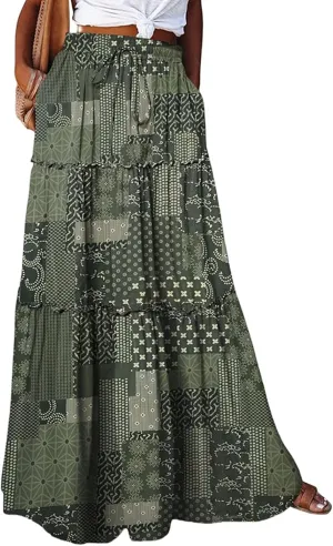 Maxi Boho Skirts for Women 2025 Drawstring High Waisted Tiered Flowy Long Skirt Casual Bohemian A-Line Beach Skirt
