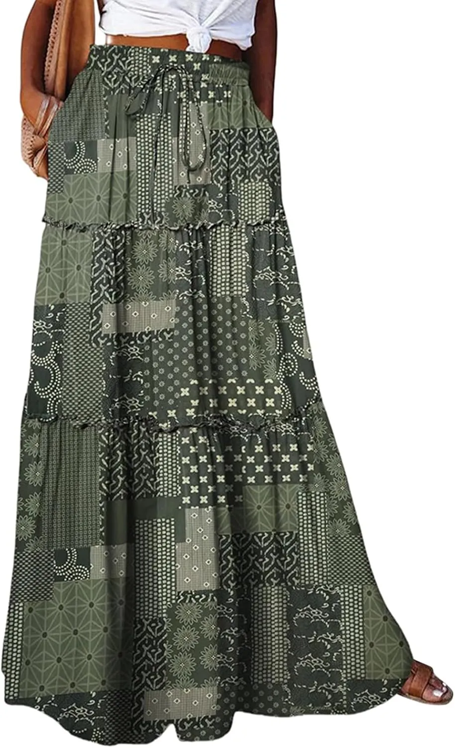 Maxi Boho Skirts for Women 2025 Drawstring High Waisted Tiered Flowy Long Skirt Casual Bohemian A-Line Beach Skirt