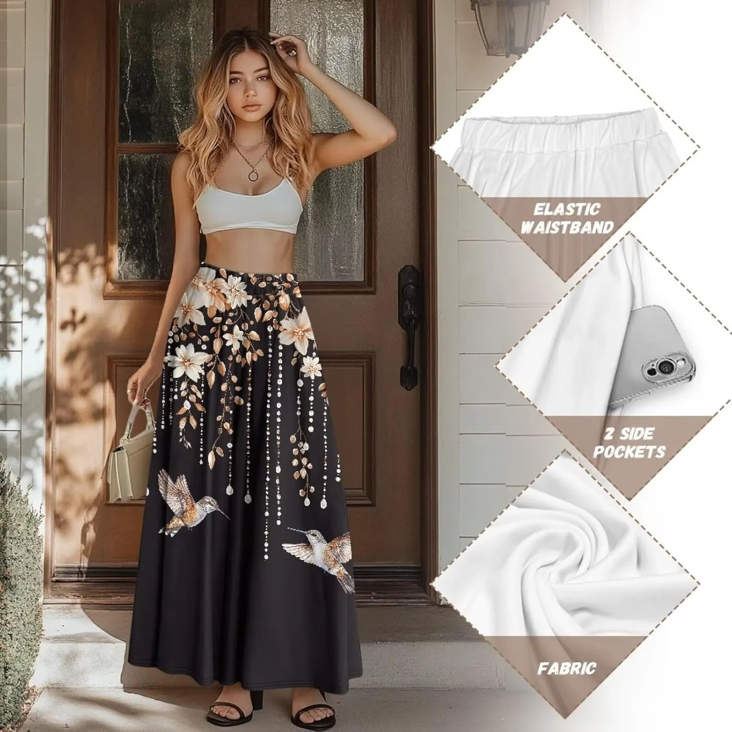 Maxi Skirts for Women Flowy Autumn Skirts with Pockets Pleated Skirt High Waisted Midi Long Skirt Reg and Plus Size S-XXL