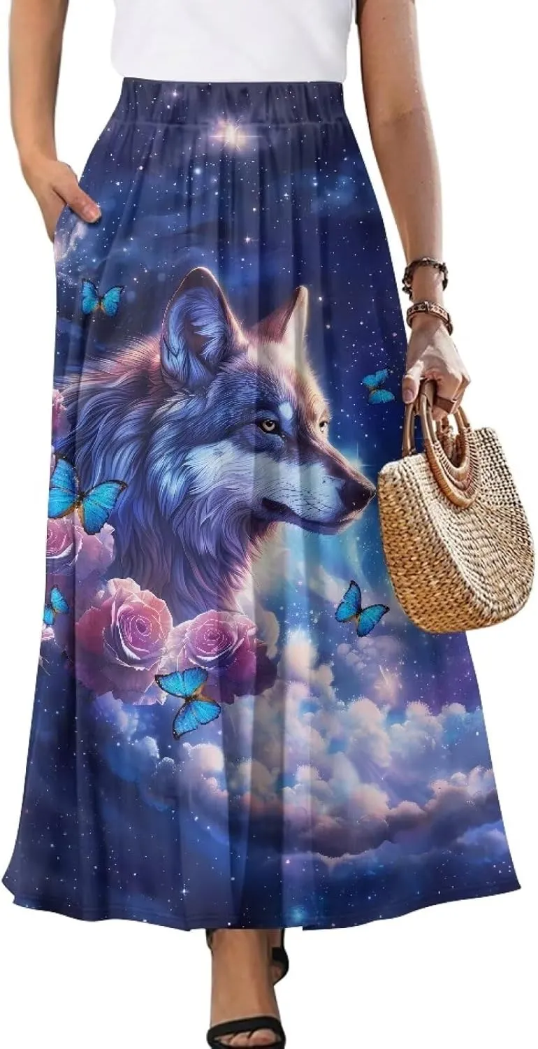 Maxi Skirts for Women Flowy Autumn Skirts with Pockets Pleated Skirt High Waisted Midi Long Skirt Reg and Plus Size S-XXL