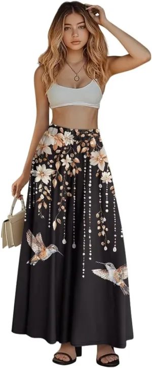 Maxi Skirts for Women Flowy Autumn Skirts with Pockets Pleated Skirt High Waisted Midi Long Skirt Reg and Plus Size S-XXL
