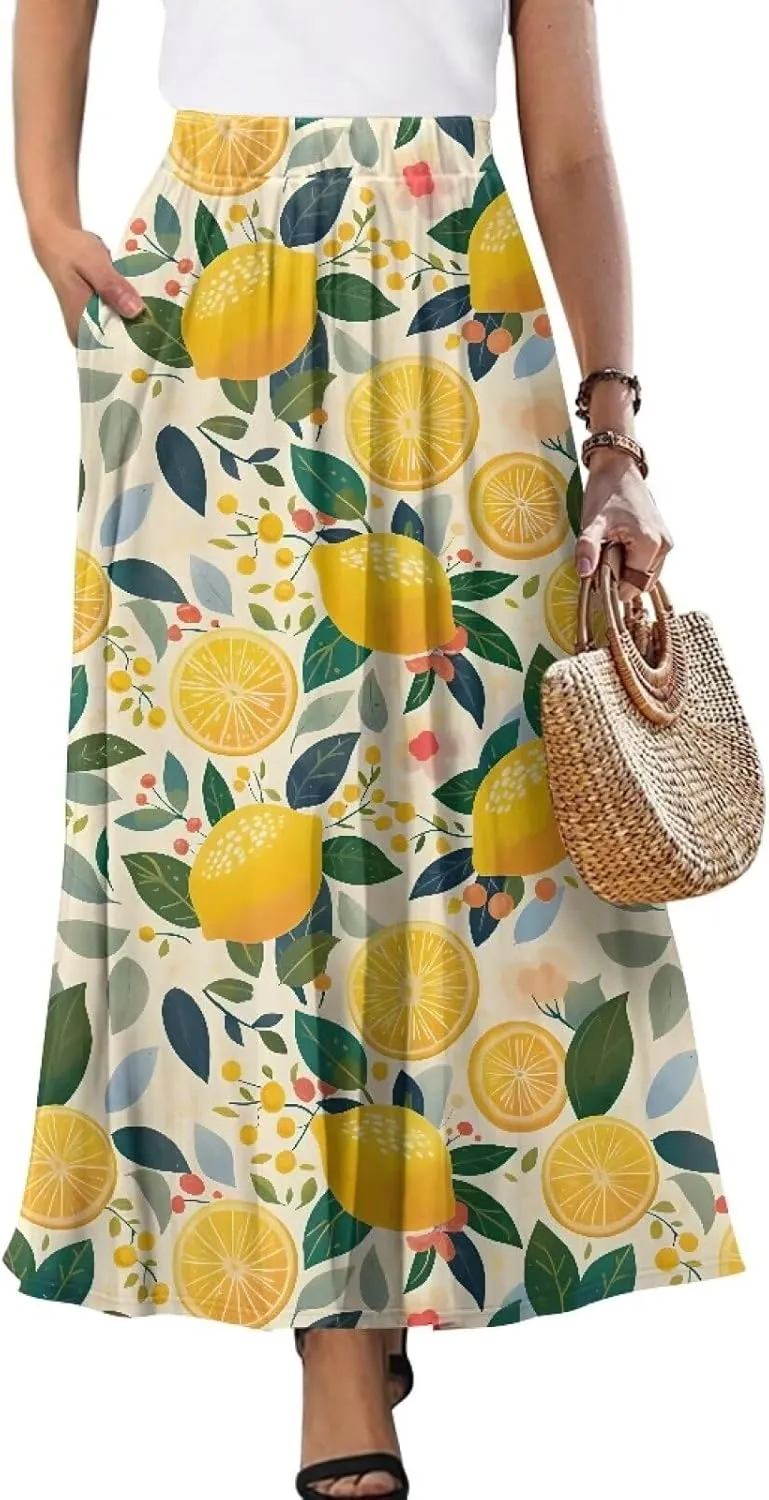 Maxi Skirts for Women Flowy Autumn Skirts with Pockets Pleated Skirt High Waisted Midi Long Skirt Reg and Plus Size S-XXL