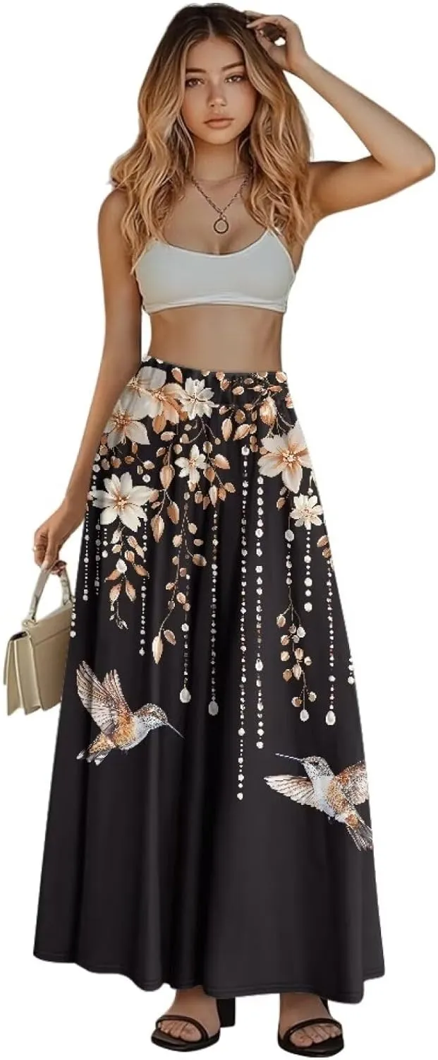 Maxi Skirts for Women Flowy Autumn Skirts with Pockets Pleated Skirt High Waisted Midi Long Skirt Reg and Plus Size S-XXL