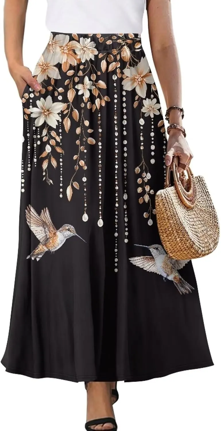 Maxi Skirts for Women Flowy Autumn Skirts with Pockets Pleated Skirt High Waisted Midi Long Skirt Reg and Plus Size S-XXL