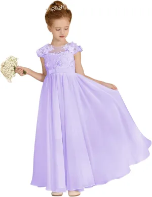 MCieloLuna Chiffon Applique Flower Girl Dresses for Wedding White A-Line Cap Sleeve Formal Bridesmaid Brithday Party Gowns