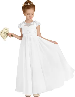 MCieloLuna Chiffon Applique Flower Girl Dresses for Wedding White A-Line Cap Sleeve Formal Bridesmaid Brithday Party Gowns
