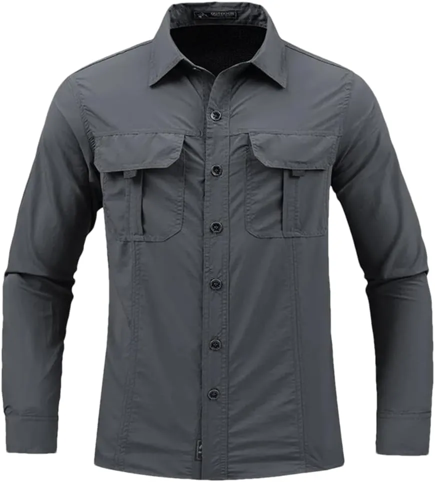 Men Hiking Long Sleeve Cargo Work Shirts Summer Outdoor Quick Dry Fishing Shirt