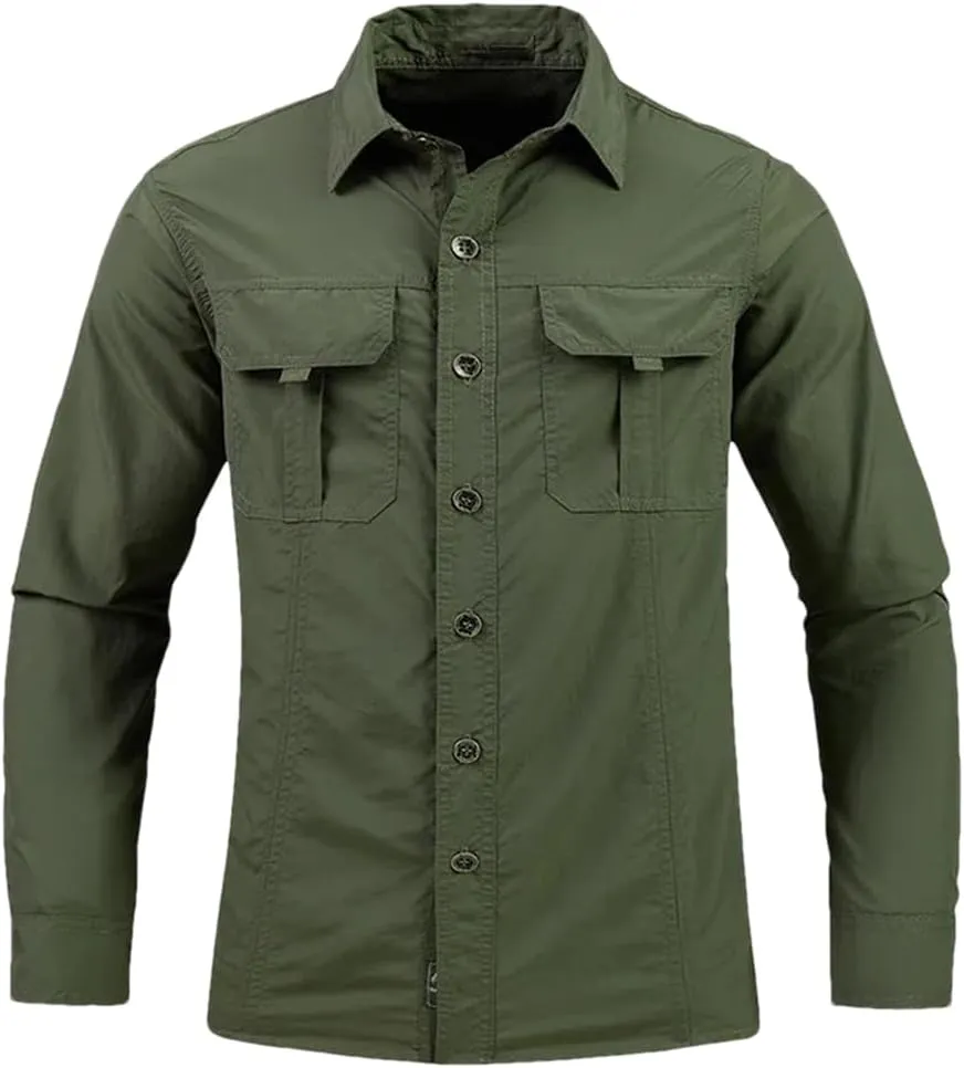 Men Hiking Long Sleeve Cargo Work Shirts Summer Outdoor Quick Dry Fishing Shirt