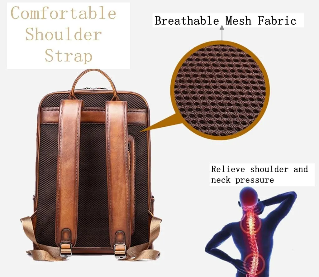 Men Leather Backpack Vintage Laptop Sling Backpack Water-resistant Sling Bag for Travel Business 2 Zips Black