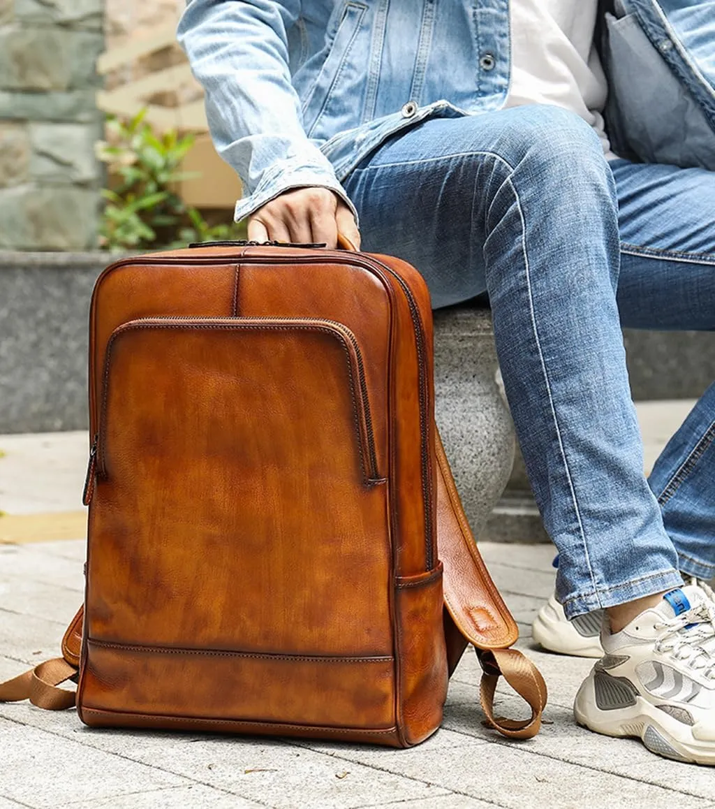 Men Leather Backpack Vintage Laptop Sling Backpack Water-resistant Sling Bag for Travel Business 2 Zips Black