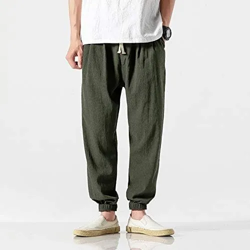 Men Linen Baggy Japanese Pants Fashion Streetwear Harem Pants with Pockets