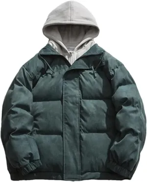 Men Winter Color Contrast Fake Two Piece Cotton-Padded Jacket Hooded Loose Parka Couple Coat