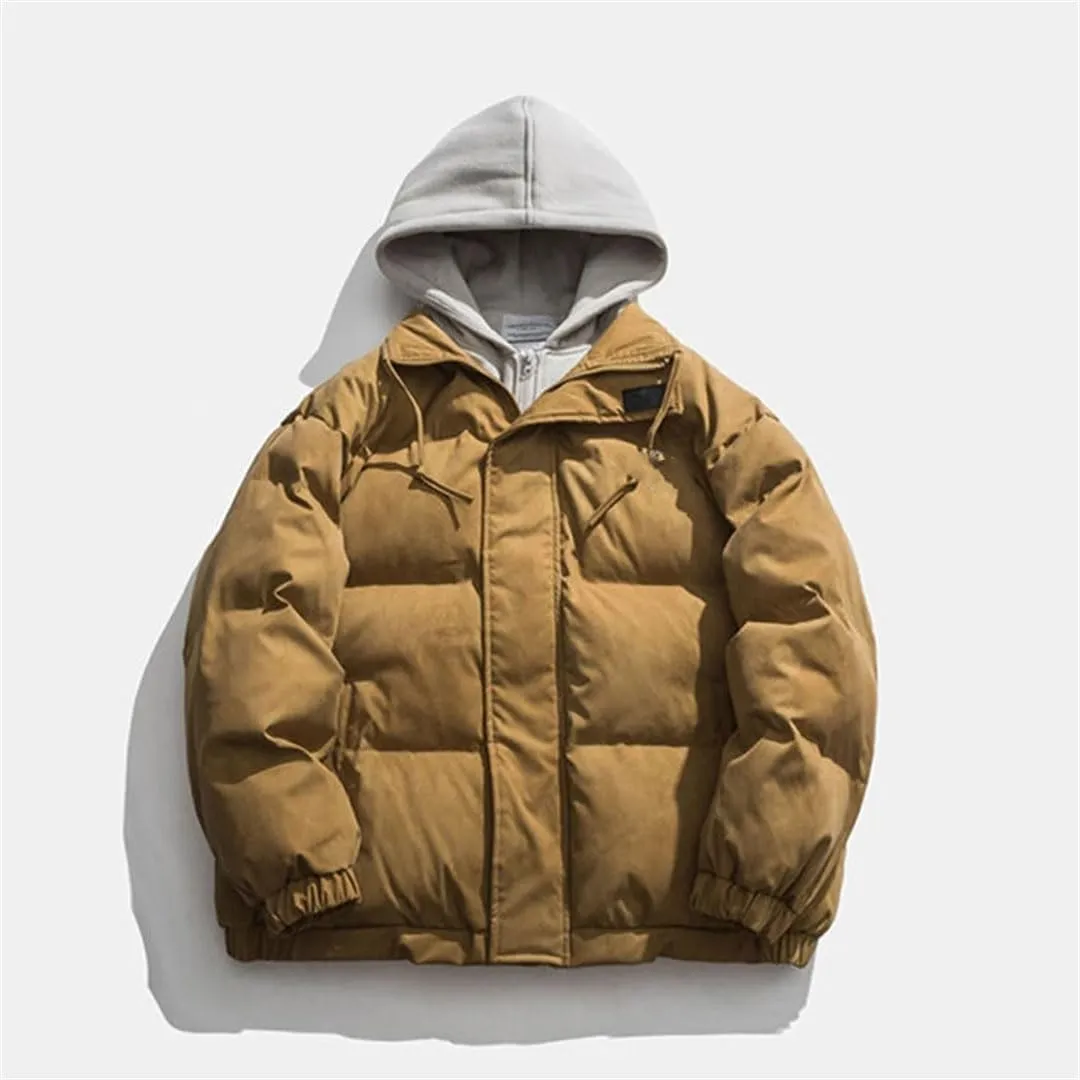Men Winter Color Contrast Fake Two Piece Cotton-Padded Jacket Hooded Loose Parka Couple Coat