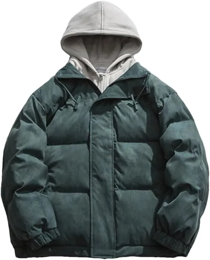 Men Winter Color Contrast Fake Two Piece Cotton-Padded Jacket Hooded Loose Parka Couple Coat