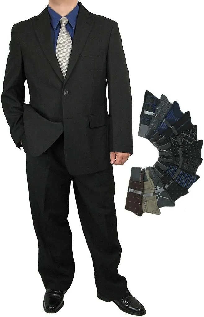Mens 2-Piece Regular Fit Dress Suit Single-Breasted Jacket & Flat-Front Pants Includes Free Stylish Socks
