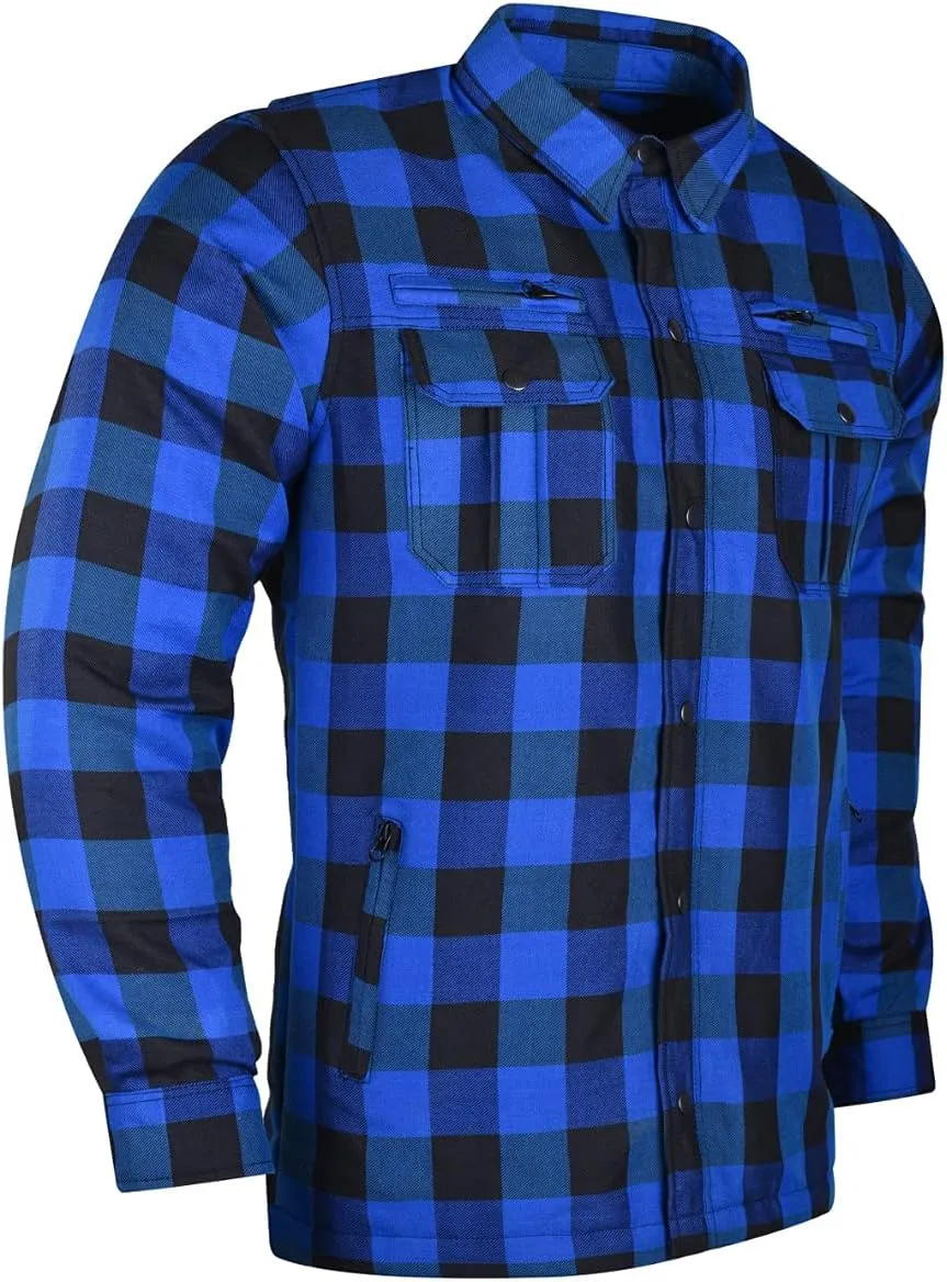 Mens Armored Checkered Flannel Biker Shirt, Multiple Waterproof Storage Pockets CE Approved Armor Reinforced Water Resistant