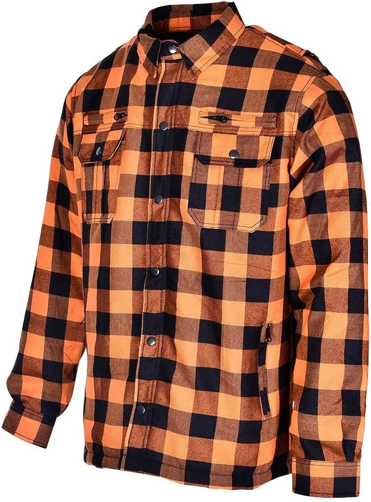 Mens Armored Checkered Flannel Biker Shirt, Multiple Waterproof Storage Pockets CE Approved Armor Reinforced Water Resistant