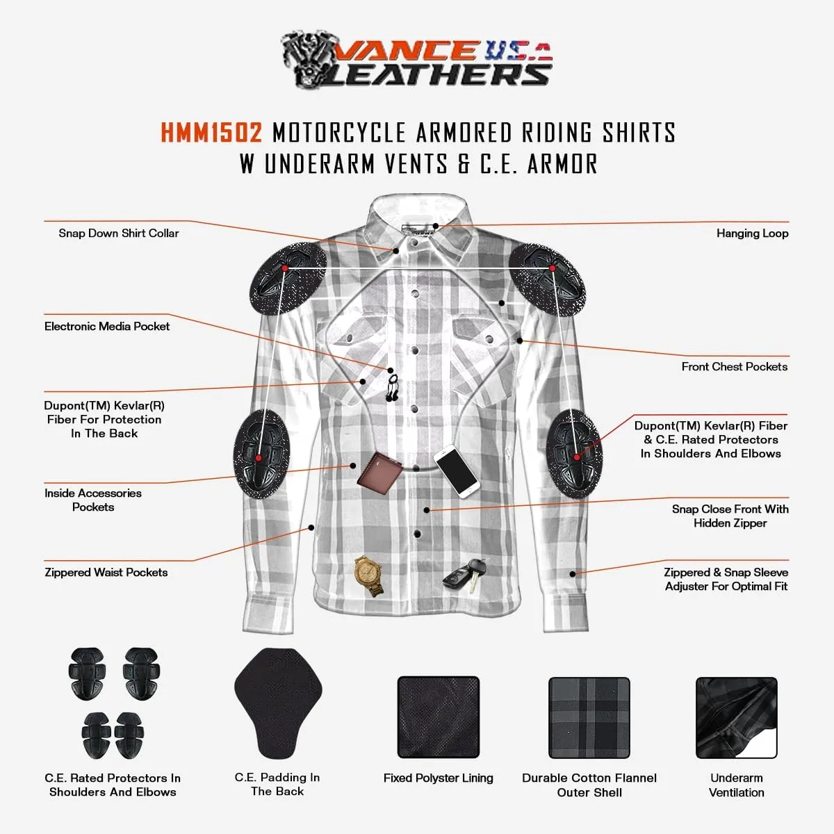 Mens Armored Checkered Flannel Biker Shirt, Multiple Waterproof Storage Pockets CE Approved Armor Reinforced Water Resistant