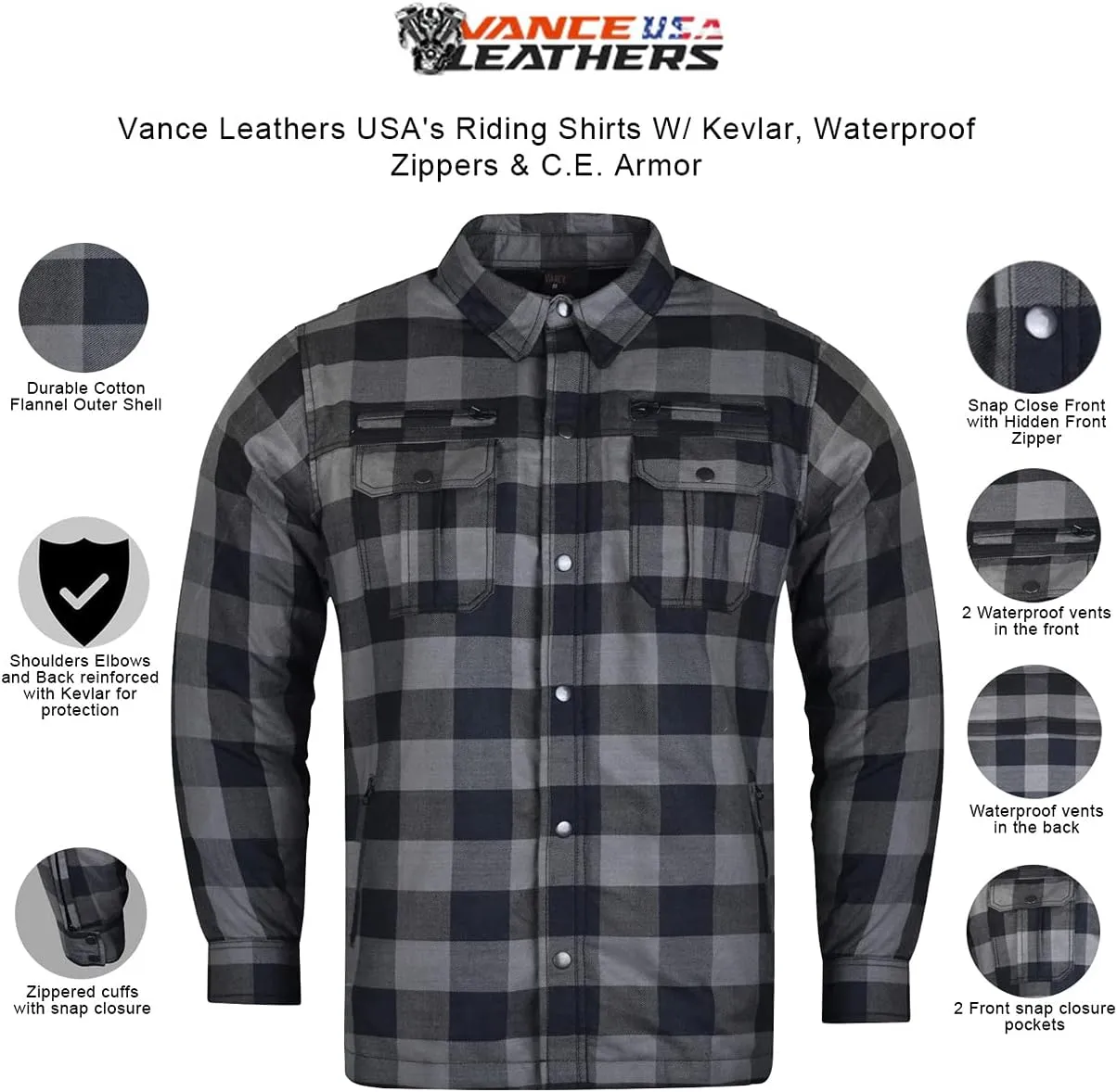 Mens Armored Checkered Flannel Biker Shirt, Multiple Waterproof Storage Pockets CE Approved Armor Reinforced Water Resistant