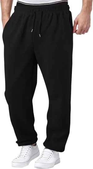 Men's Athletic Pants Rope Loose Waist Joggers Pants, Solid Color Pocket Trousers Loose Sports Workout Trousers