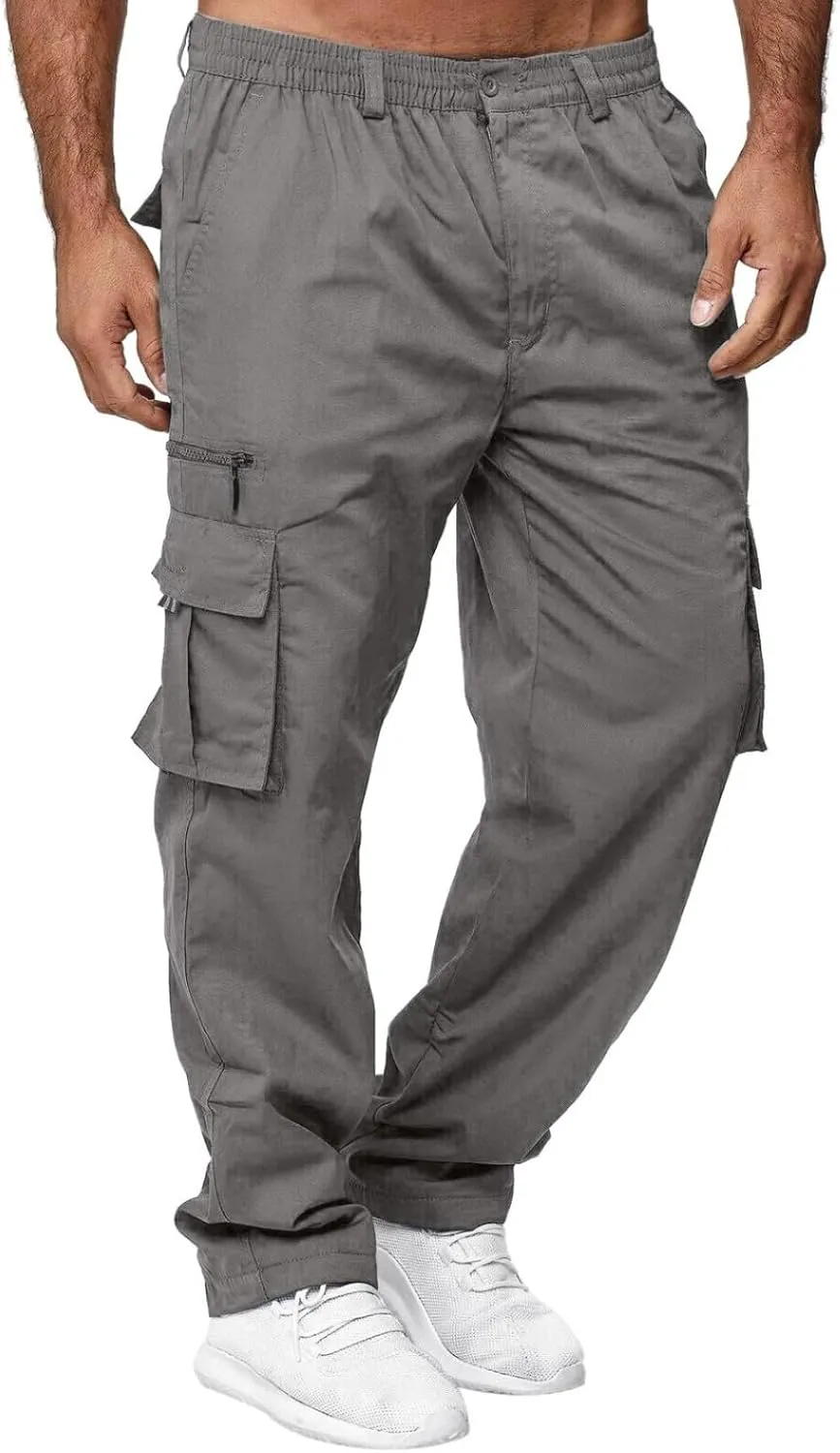 Mens Cargo Pants, Fleece Casual Cotton Jogger Multi Pockets Outdoor Sports Hiking Work Sweatpants, Capris Pants for Men