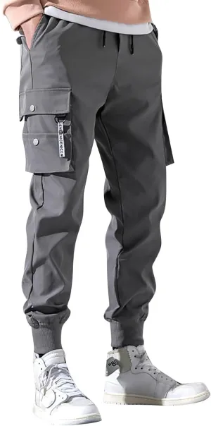 Men's Casual Cargo Pants, Elastic Waist Drawstring Athletic Techwear Joggers Tapered Pants with Flap Pockets
