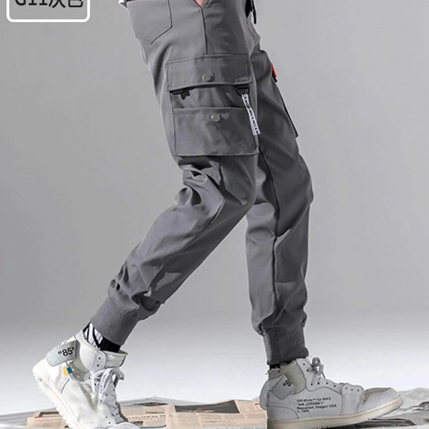 Men's Casual Cargo Pants, Elastic Waist Drawstring Athletic Techwear Joggers Tapered Pants with Flap Pockets