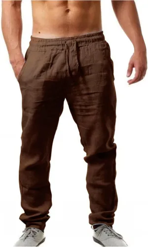 Men's Casual Cotton Linen Pants Hiking Joggers Elastic Waist Loose Fit Trousers Lightweight Yoga Beach Pants