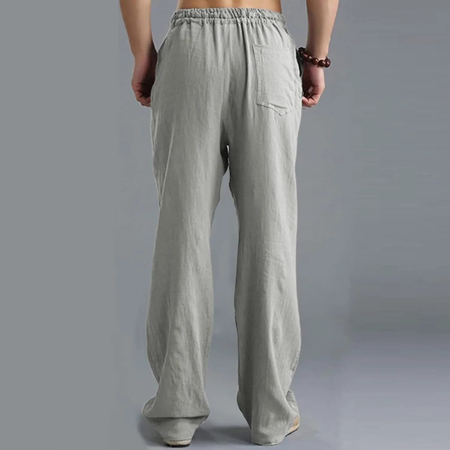 Mens Casual Cotton Pants, Drawstring Pants Men, Lightweight Elastic Waist Summer Beach Trousers Plus Size Pockets